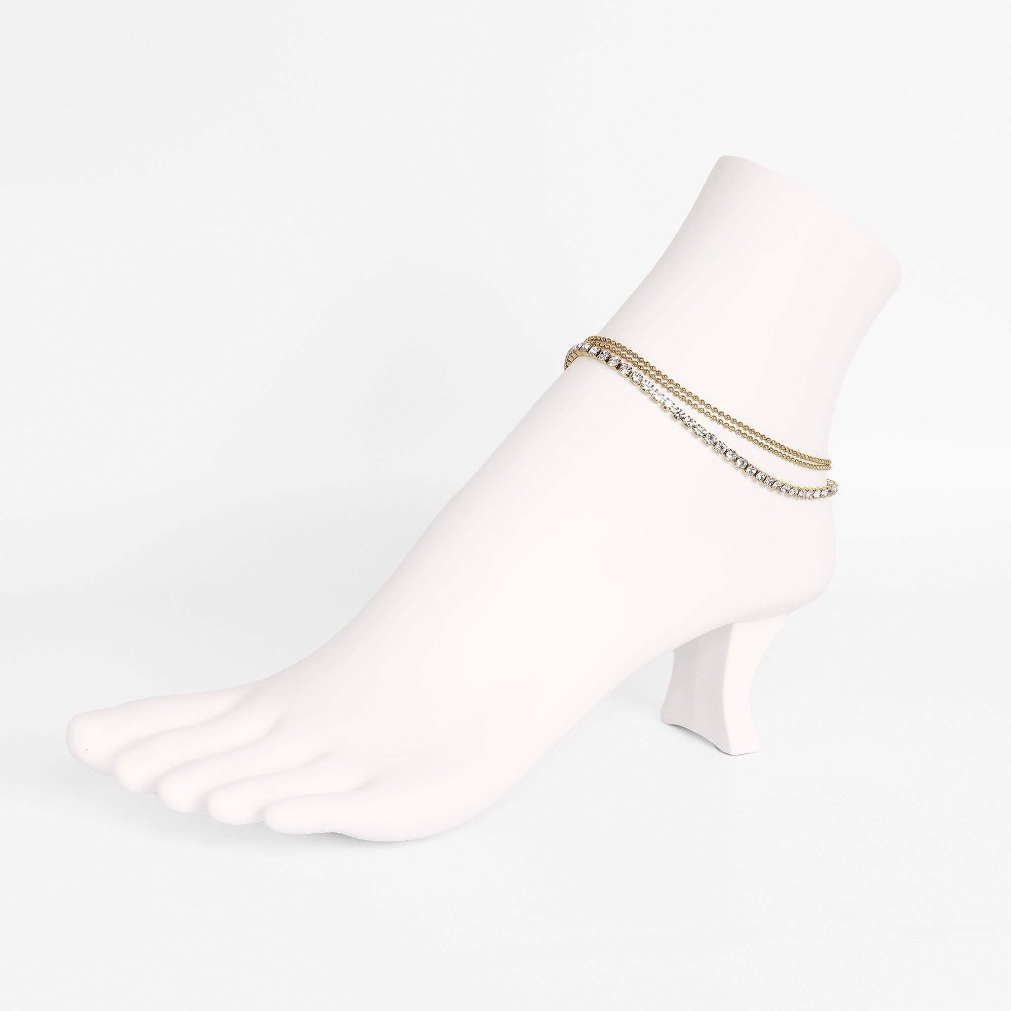 WJW – Großhandel Fußkettchen – Elegantes 3-reihiges Fußkettchen aus 18K Gold PVD mit feinen Perlen und Strass8