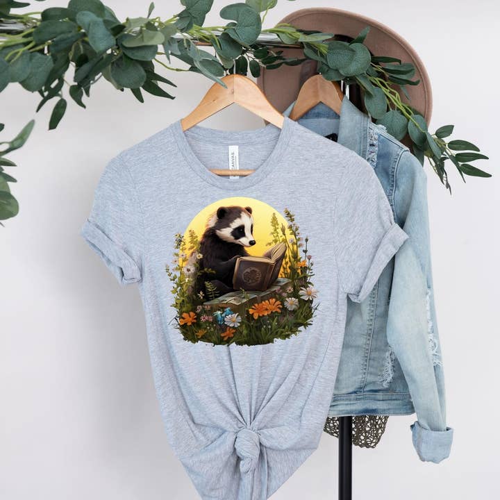 Vivtrek - Wholesale Screen Printed T-Shirt - Women's - Badger Reading Book Cottagecore Wildflower Library T-Shirt3