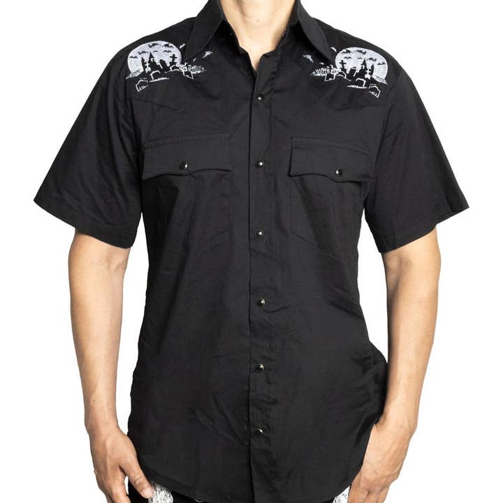 Nighttime Cemetery Western Shirt for wholesale by Kreepsville