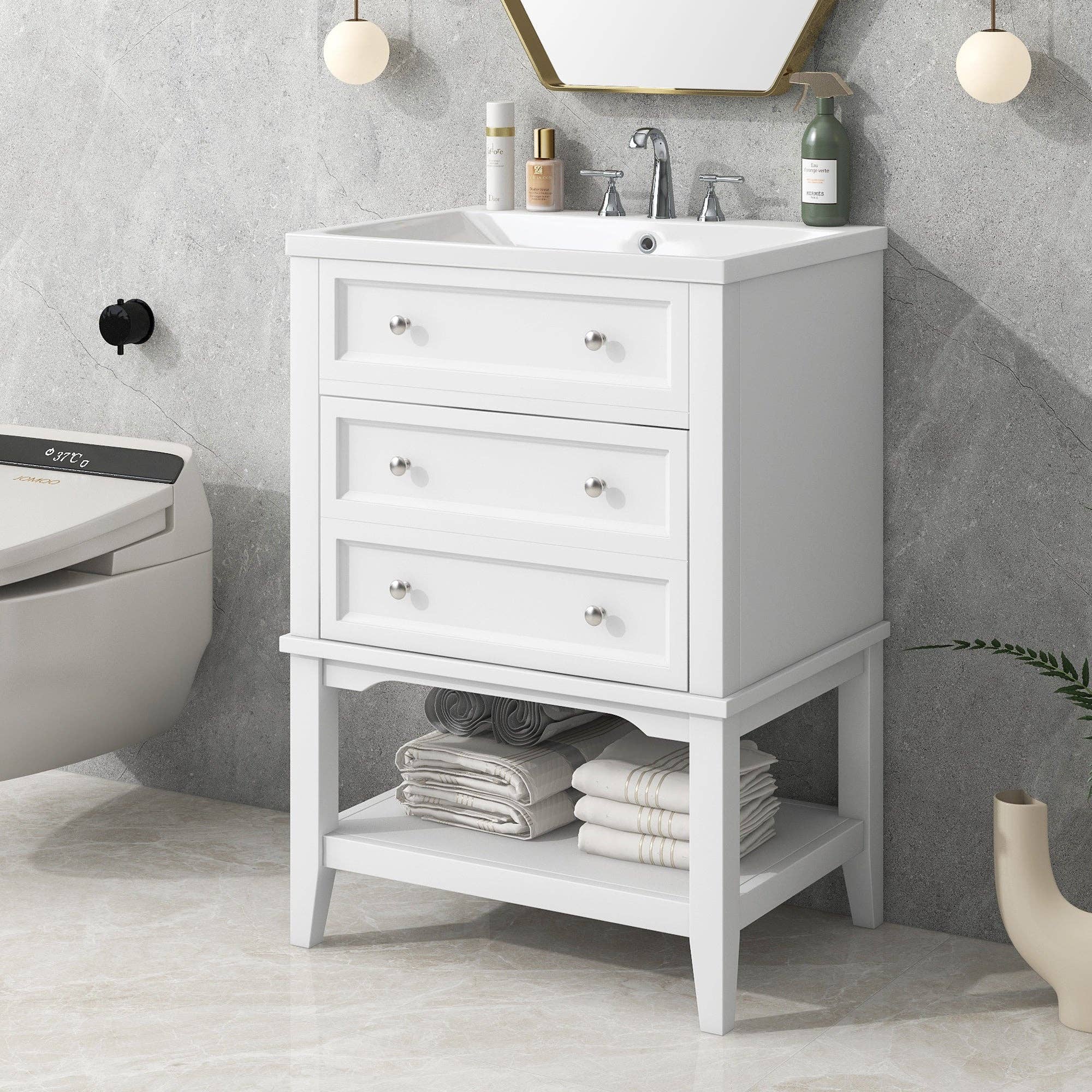 Orange County Decor - Wholesale Cabinet - 24" Bathroom Vanity With Sink, Bathroom Storage Cabinet With Drawer And Open Shelf, Solid Wood Frame, White White Solid Wood Mdf1