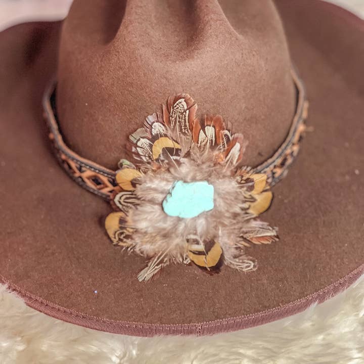 The Sterling Gypsy - Wholesale Hat Accessory - Women's - Handmade Retro Western Feather & Turquoise Country Star Stap