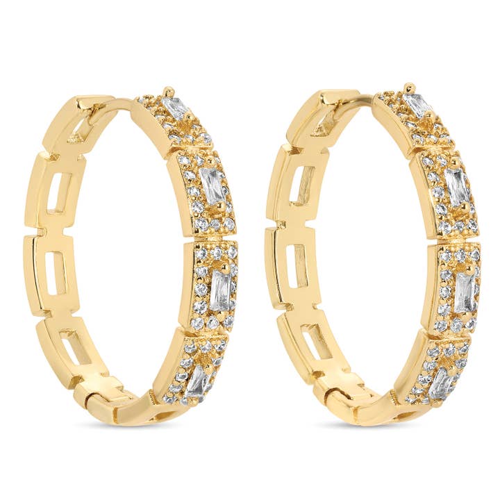 Splendid Iris - Wholesale Huggie Earrings - Baguette Accented Rectangle Pave Large Huggies
