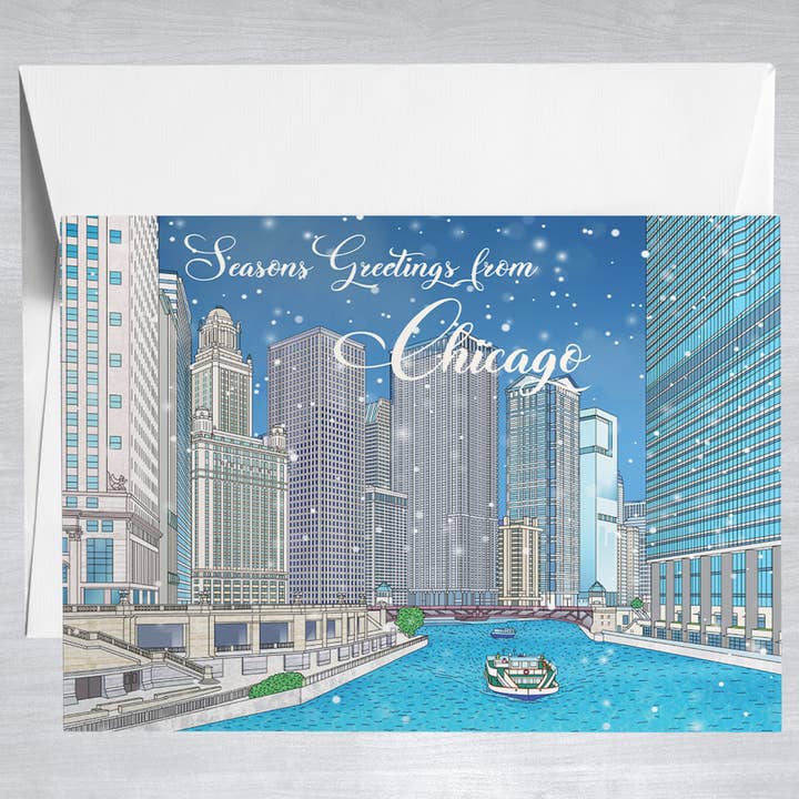 Color Our Town - Wholesale Season's Greetings Card - Chicago Riverwalk Holiday - Greeting Card