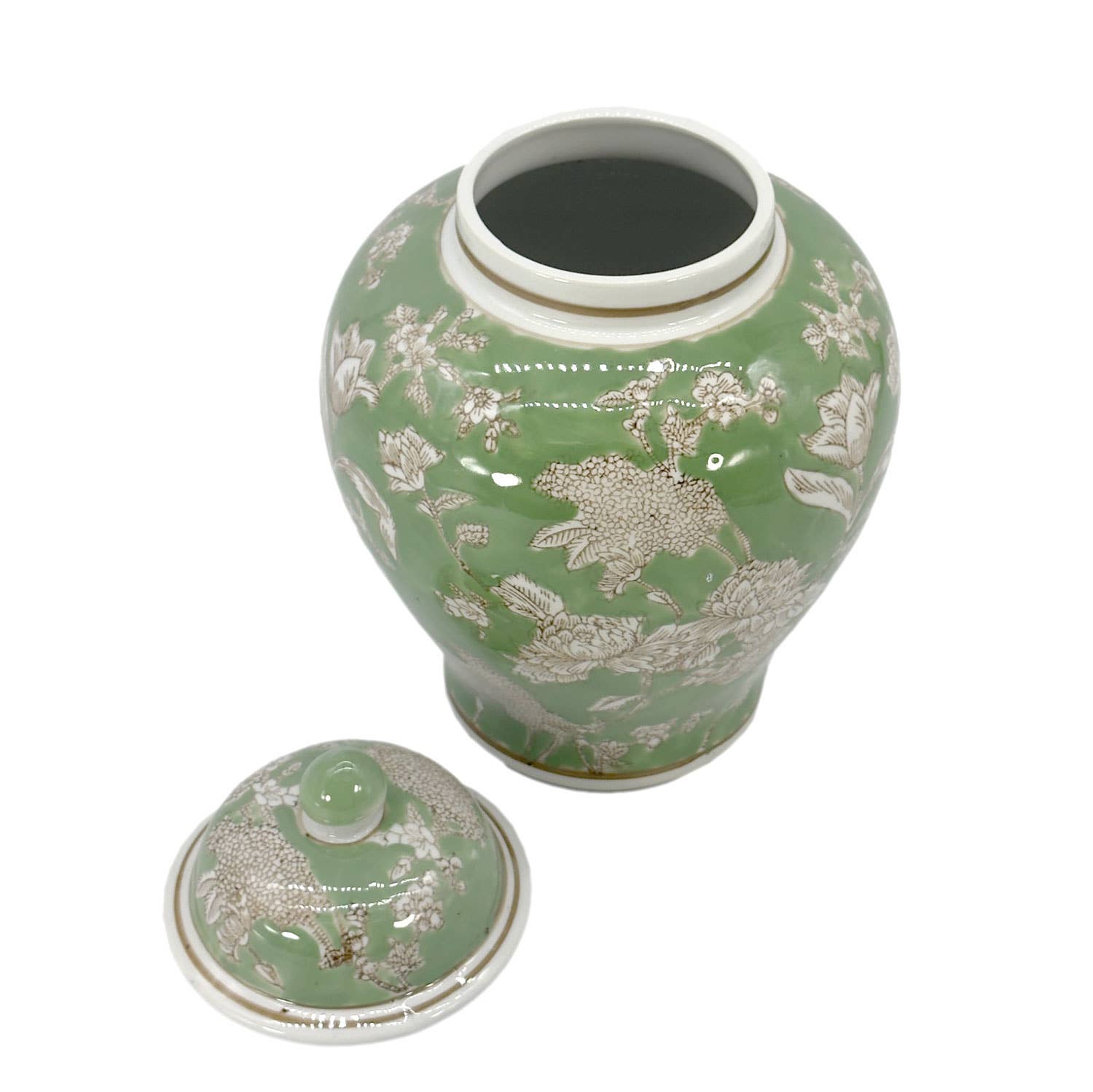 Galt International Company - Wholesale Decorative Jar - Green & White  Floral Peony Ceramic Chinoiserie Jar 12"4