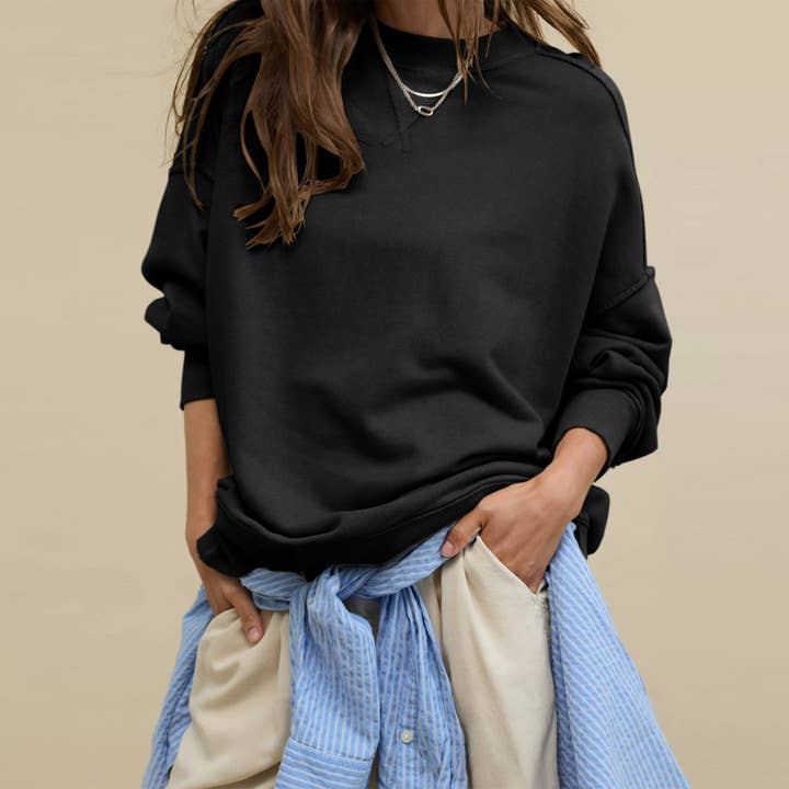 TISANCRE - Wholesale Sweatshirt - Women's - Trend style pullover long sleeve European and American style split sweater round neck solid color loose sweater