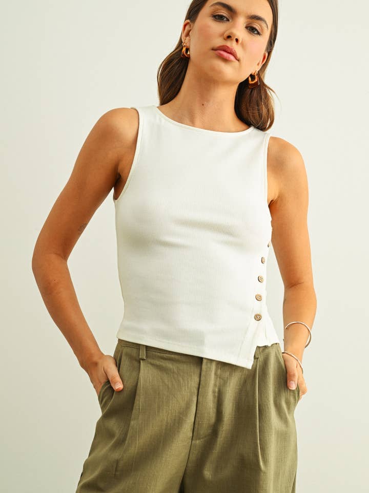 ET6416 RIBBED S/L BUTTON DETAIL ON THE SIDE TOP for wholesale by MIOU MUSE