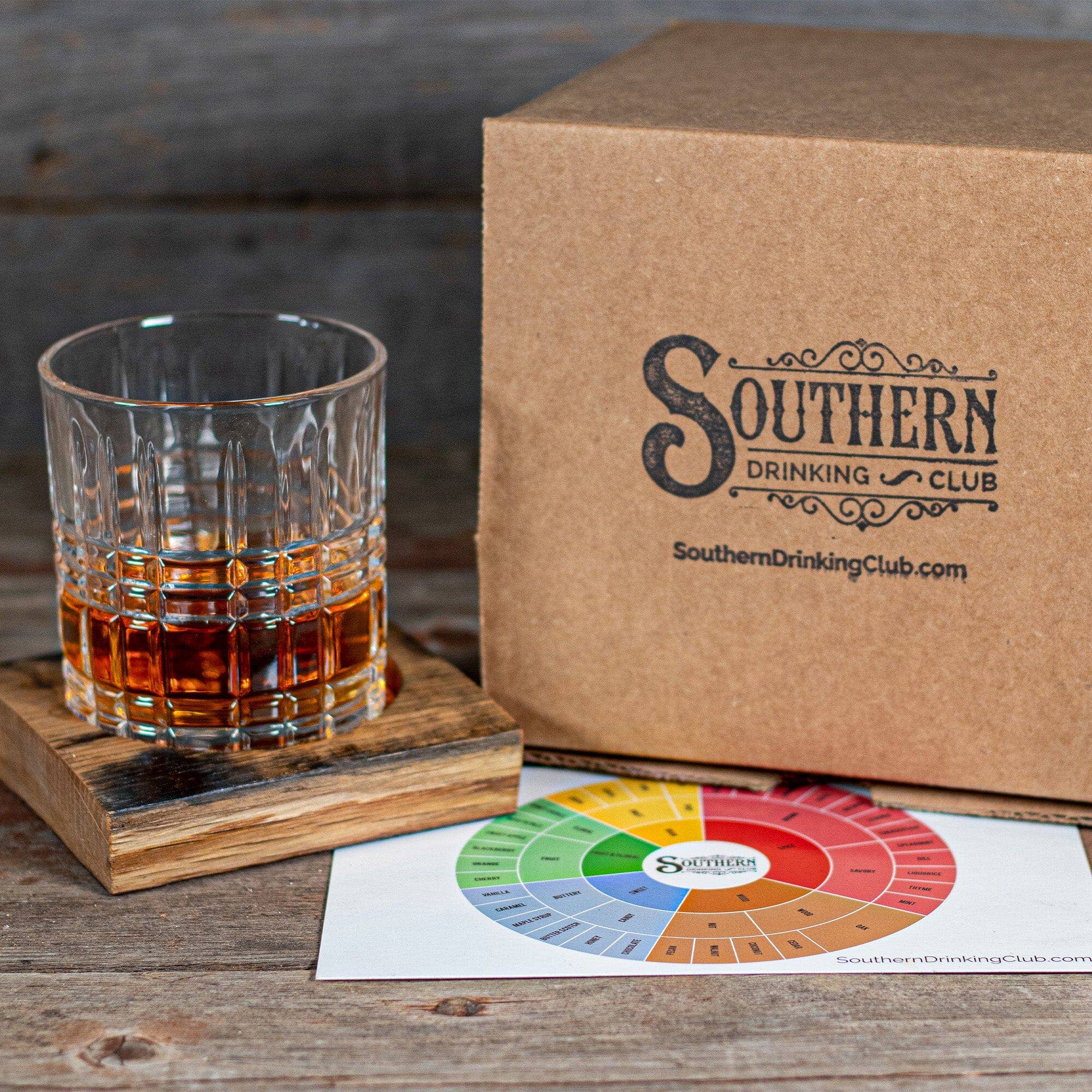 Southern Drinking Club - Wholesale Cocktail/Liquor Glass - Whiskey Glass and Barrel Coaster Set1