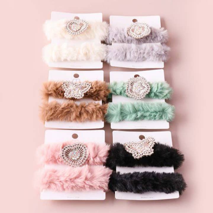 Butterfly Flower Rhinestone Furry Hair Scrunchie for wholesale by Fashion City