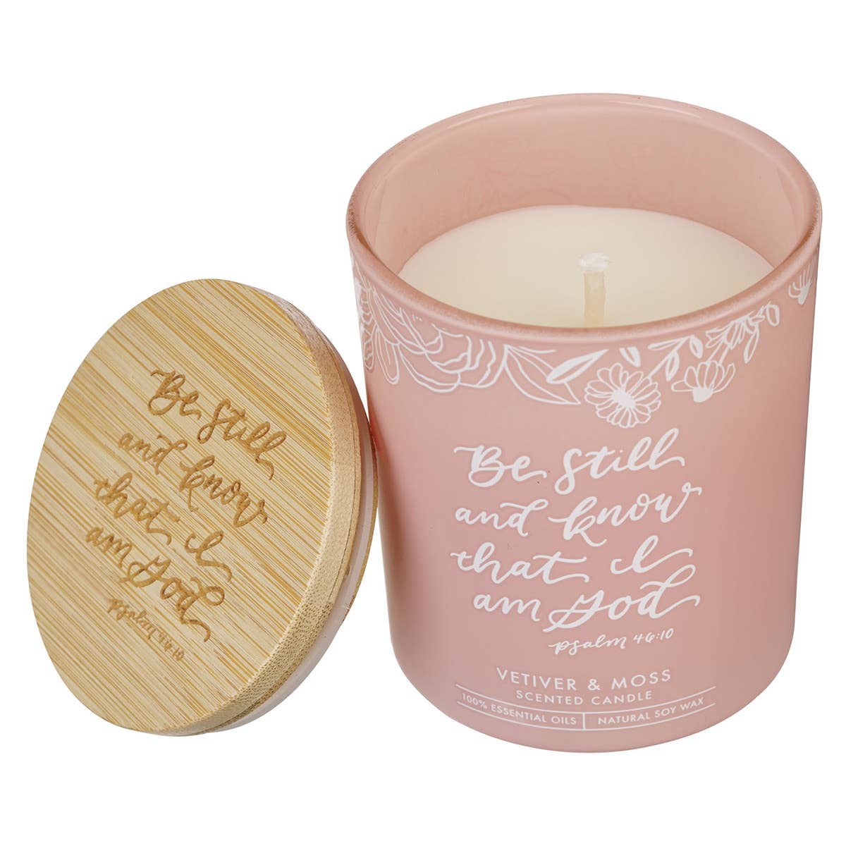 Christian Art Gifts - Wholesale Jar/Filled Candle - Glass Candle w/Bamboo Lid Pink Be Still Ps. 46:101