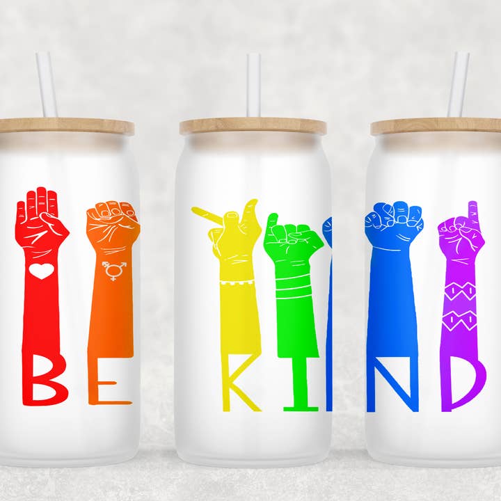 Be Kind Glass Cup with clear straw and bamboo lid for wholesale by Smile Graphics and Design
