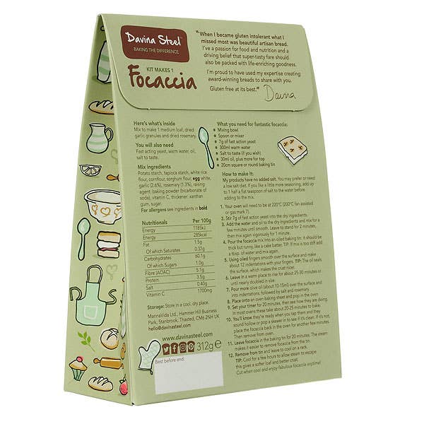 davina steel – wholesale Bread mix – Davina Garlic and Rosemary Gluten Free Focaccia Kit - 300gms1