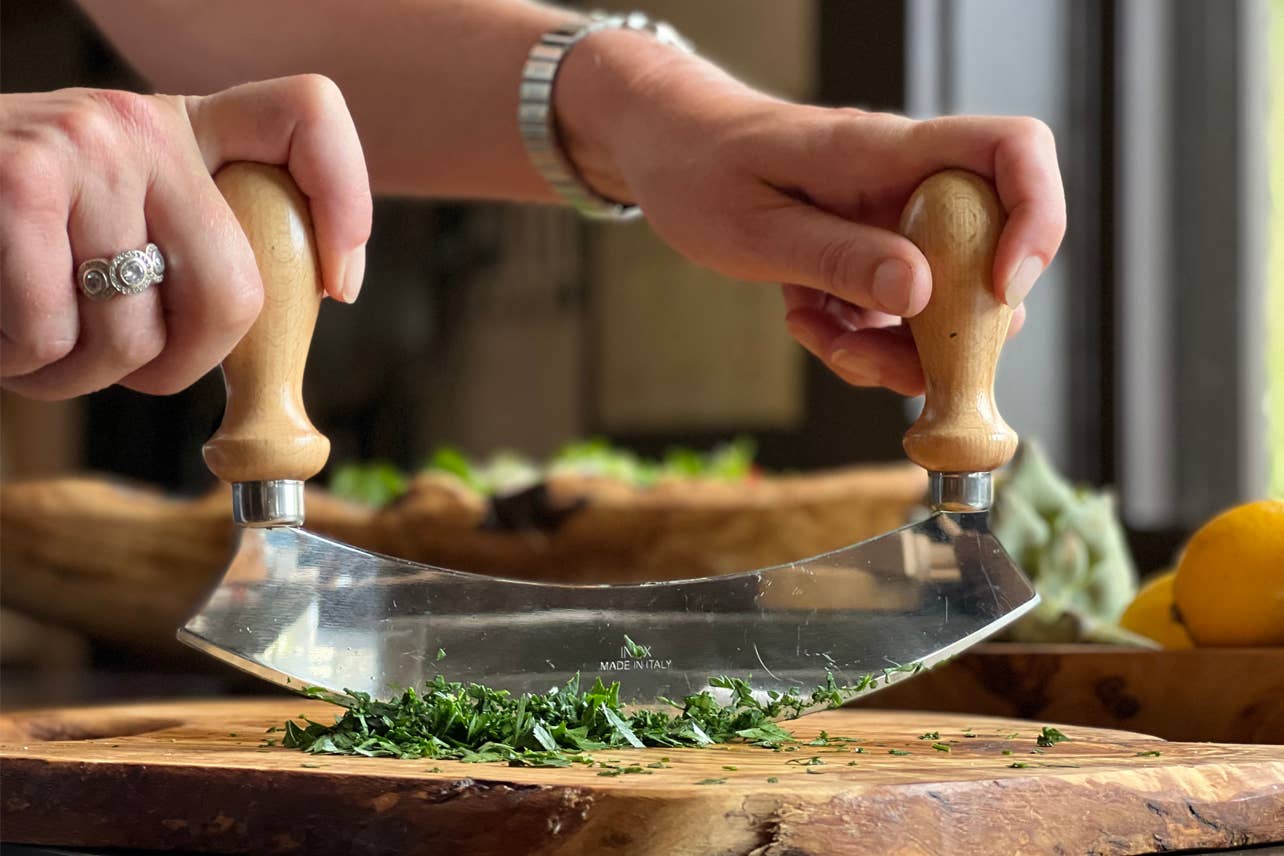 Light Handle Traditional Italian Mezzaluna Chopper - Large for wholesale on Faire2