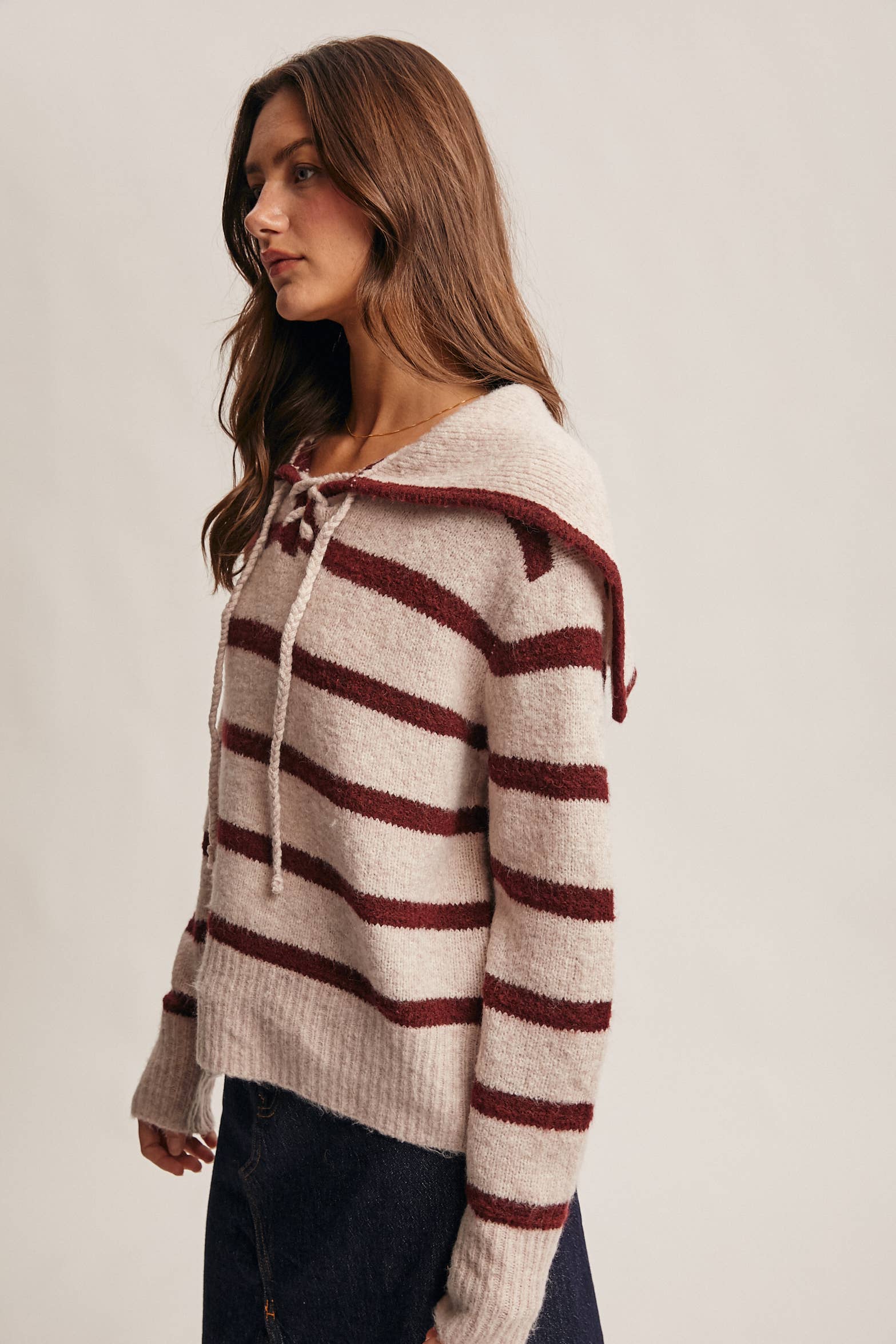 Forte - Vendita all'ingrosso Maglione tricot - Donna - Maglione a Maglia con Colletto da Marinaio a Righe FSW00124