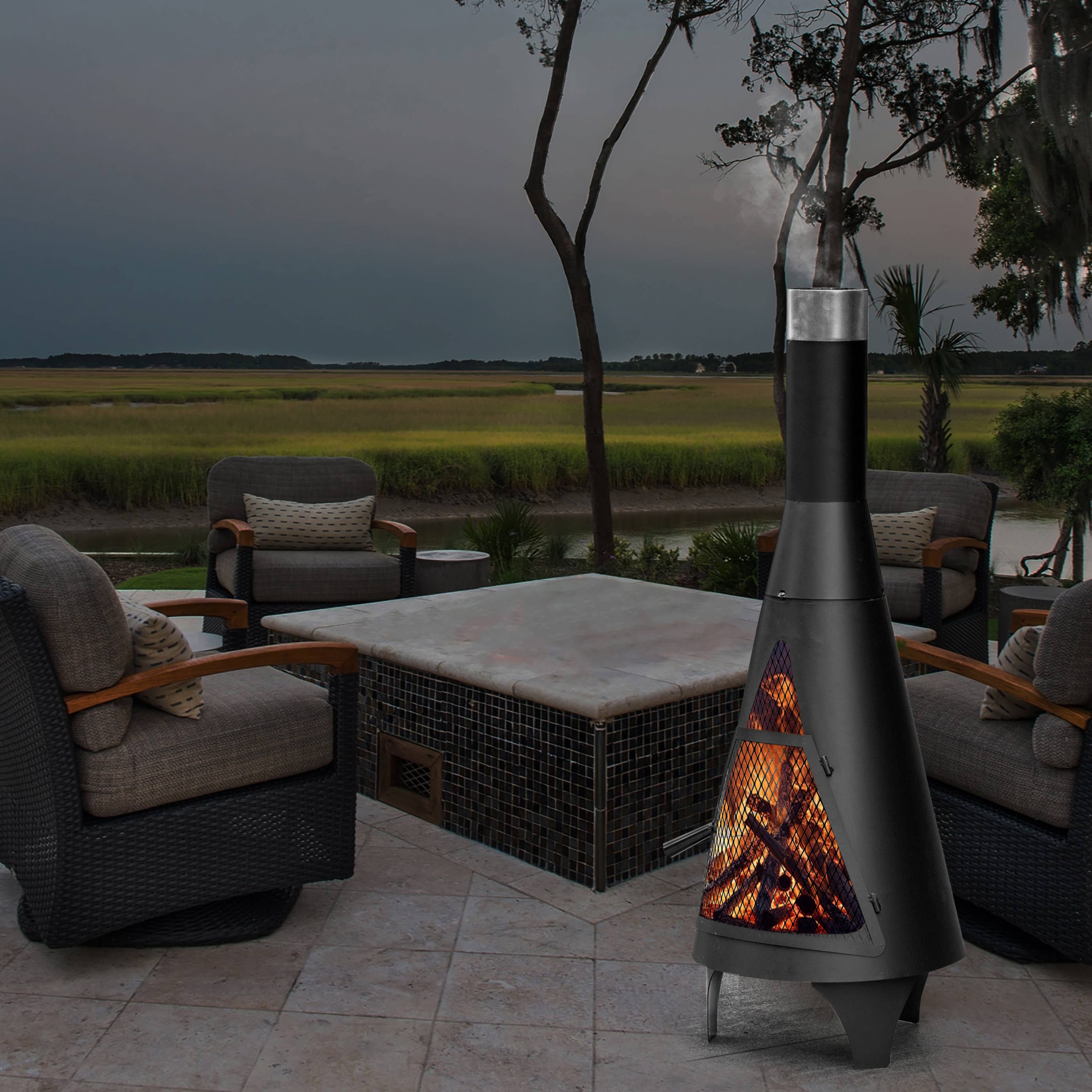 Quickway Imports – wholesale Fire pit – 50" Black Outdoor Metal Wood Burning Chimenea Patio Heater4