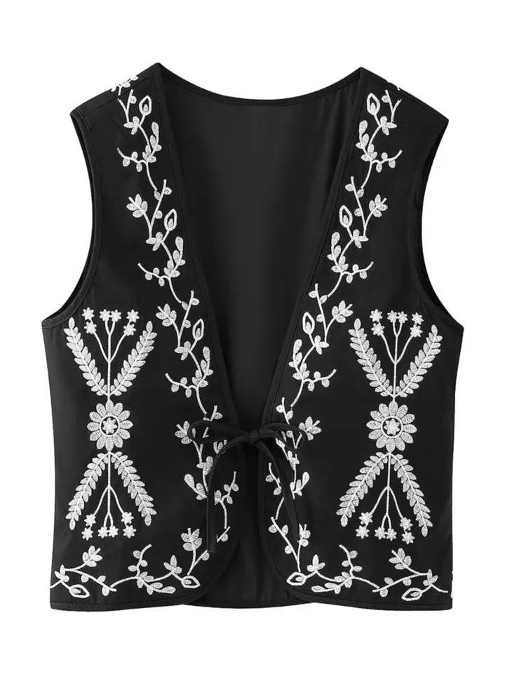 2025 Ethnische V-Ausschnitt Totem Blumenstickerei Weste Damen Front Krawatte Schleife BOHO Ärmellose Steppweste Jacke Urlaub Lockeres Oberteil für den Großhandel von Sun Imperial