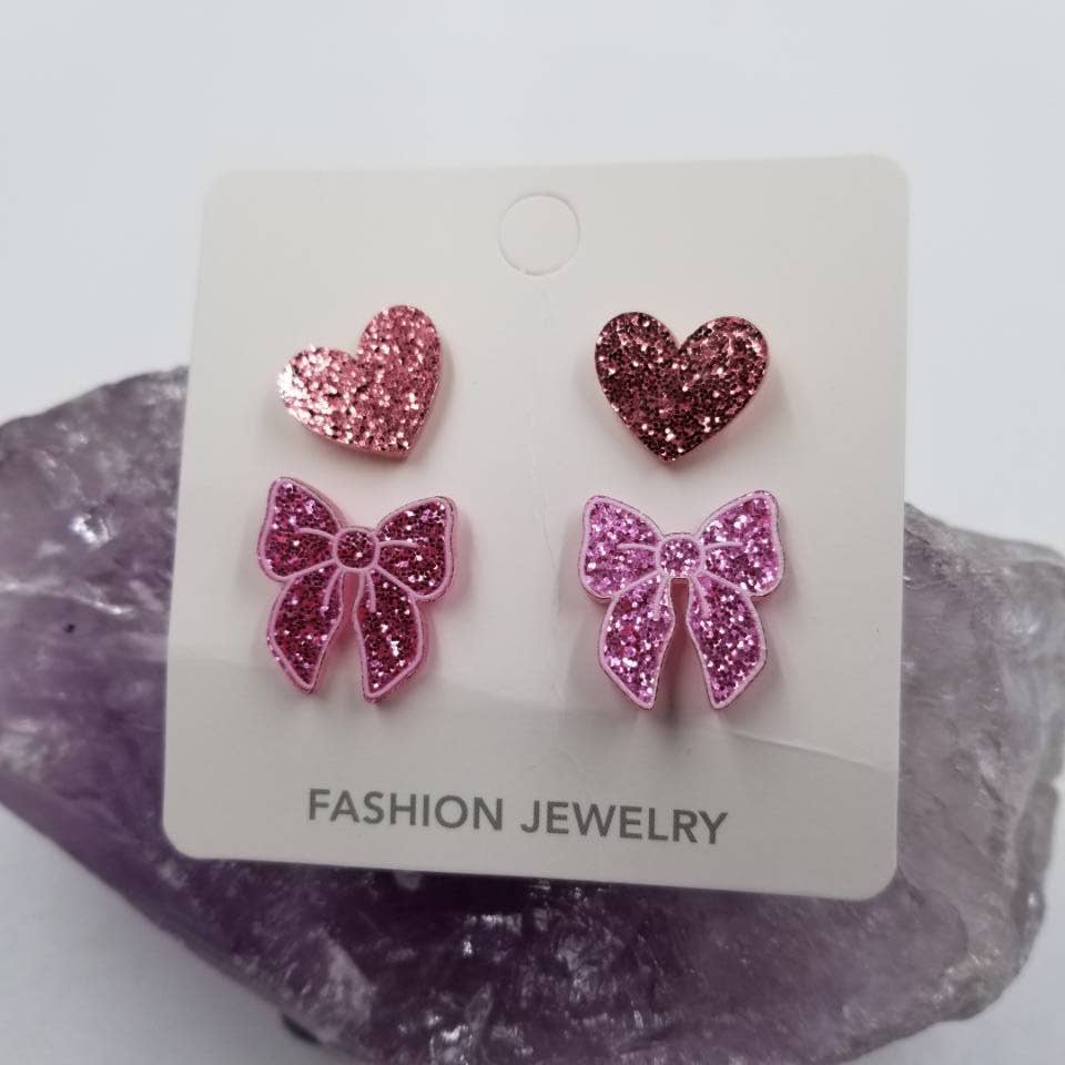 magnolia jewelry - Wholesale Stud/Post Earrings - Glitter Bow and Heart Earrings - Valentine's Day