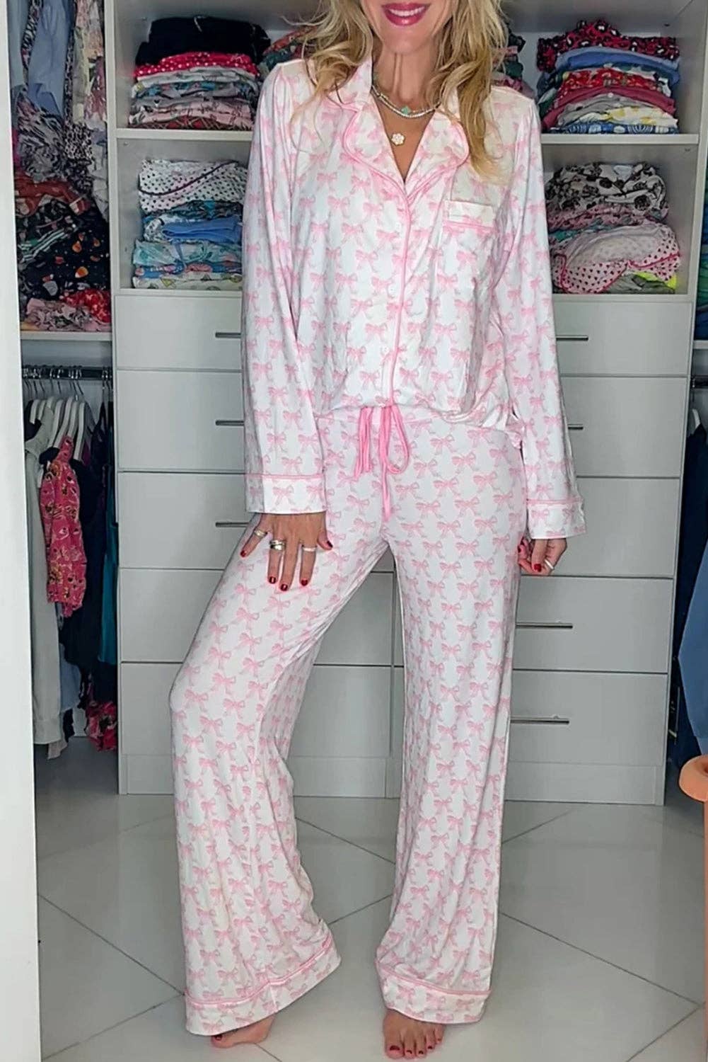 Lovesoft - Wholesale Sleepwear Set - Women's - Sky Blue Bow Print Long Sleeve Shirt and Pants Soft Pajama Set3
