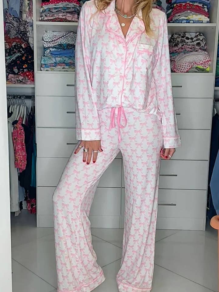 Lovesoft - Wholesale Sleepwear Set - Women's - Sky Blue Bow Print Long Sleeve Shirt and Pants Soft Pajama Set3