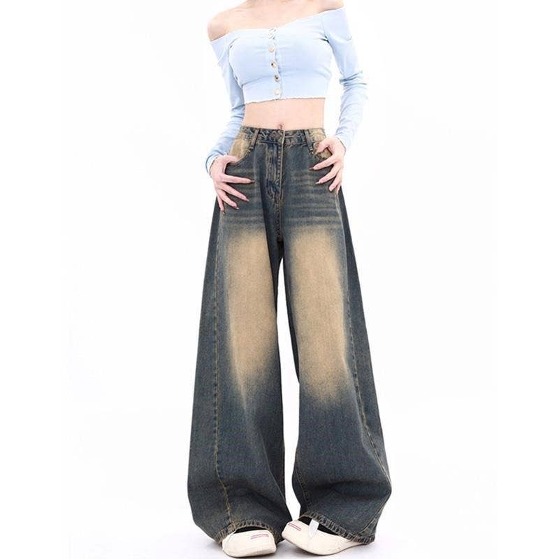 GRAY Vintage High Waisted Wide Leg Distressed Denim Jeans for wholesale on Faire1