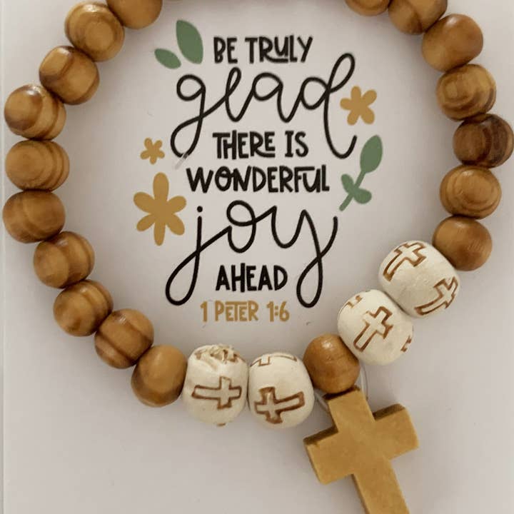 Faithstrings - Wholesale Beaded Bracelet - Christian Gift Cross Wood Stretch Bead Bracelet Faith Joy