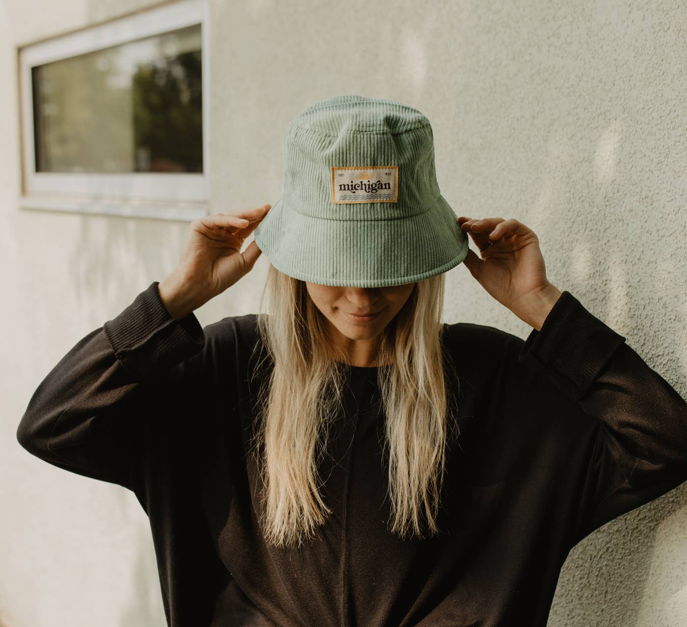 Stuck on Michigan - Vente Bob – femme - Chapeau seau en velours côtelé Patch Michigan – Édition texture vintage1