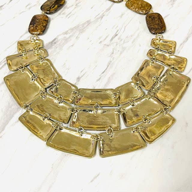 Anita K By Blushing Pink - Wholesale Bib Necklace - Hammered Gold Chunky Bib Necklace with Bronzite Stone5