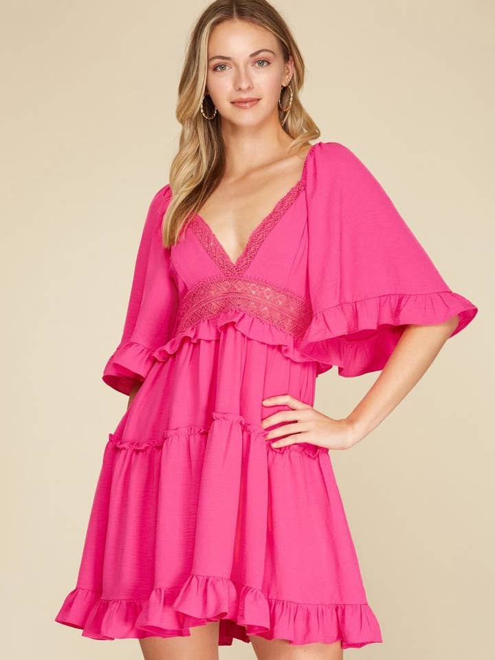Hot Pink Bell Sleeve Lace Trim Mini Dress for wholesale by Stylish Wholesale