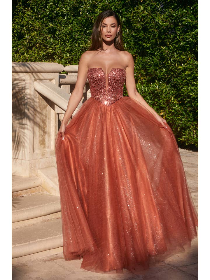 Ladivine by Cinderella Divine - Wholesale Gown - Women's - STRAPLESS SEQUIN & TULLE A-LINE DRESS