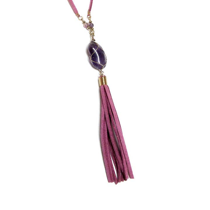 Pichincha - Wholesale Pendant/Charm Necklace - Wire Wrapped Stone Pendant Tassel Dangle Suede Necklace