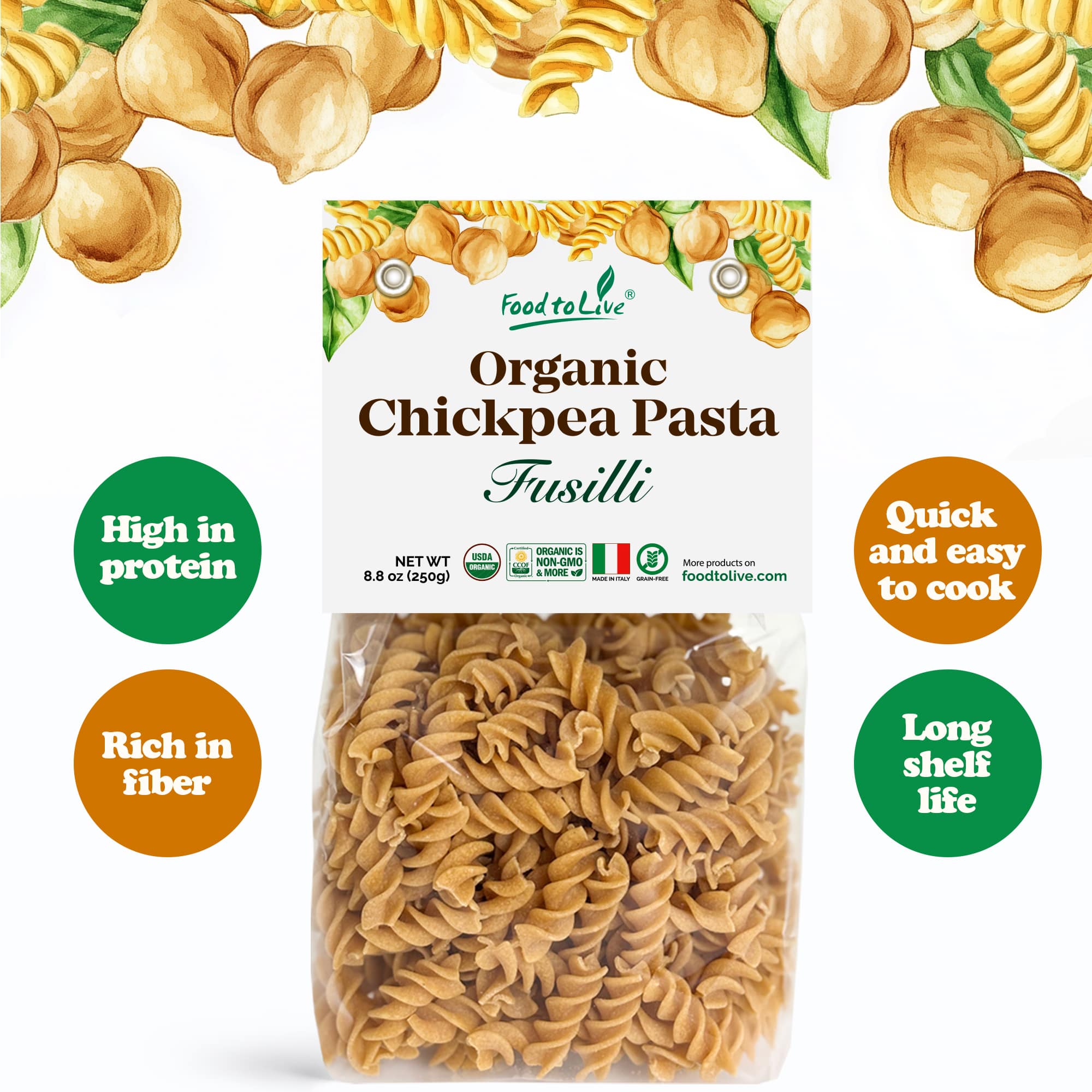 Food To Live - Vente Pâtes - Pâtes fusilli aux pois chiches biologiques, 8,8 OZ, sans OGM, végétaliennes3