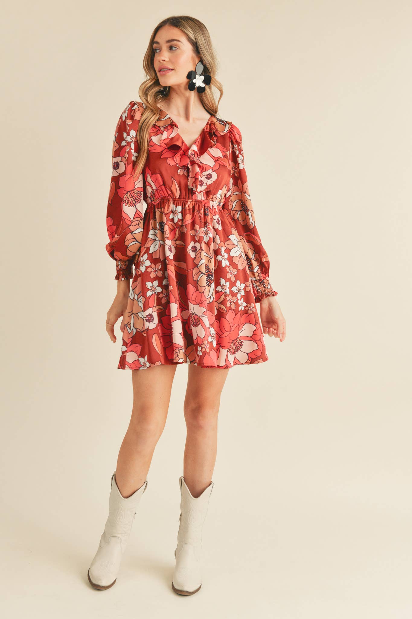 BRICK MULTI FLORAL EXCLUSIVE PRINT RUFFLE TRIM MINI DRESS MDR2675 for wholesale on Faire6