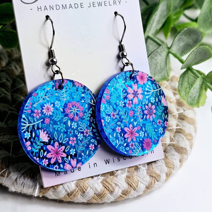 Jedi Woods LLC - Wholesale Dangle Earrings - Metallic Blue Springtime Floral Medallion Earrings