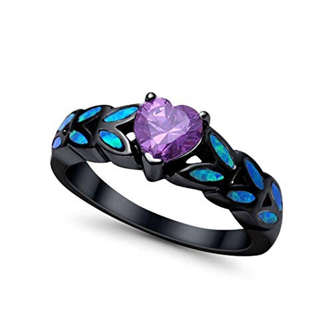 Heart Shape Amethyst Black Tone Lab Blue Opal Ring for wholesale on Faire