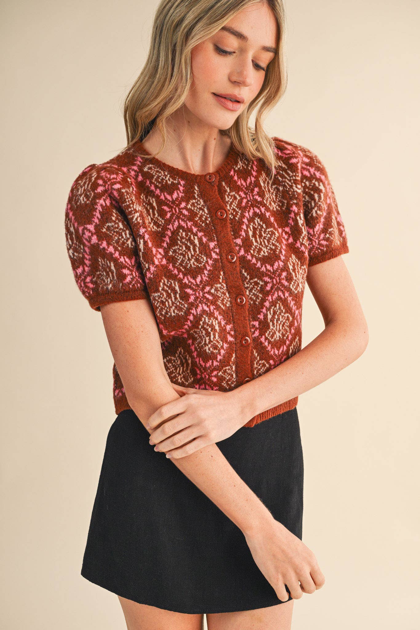 &MERCI - Wholesale Cardigan - Women's - FLORAL SHORT SLEEVE SWEATER CARDIGAN MSW1125856