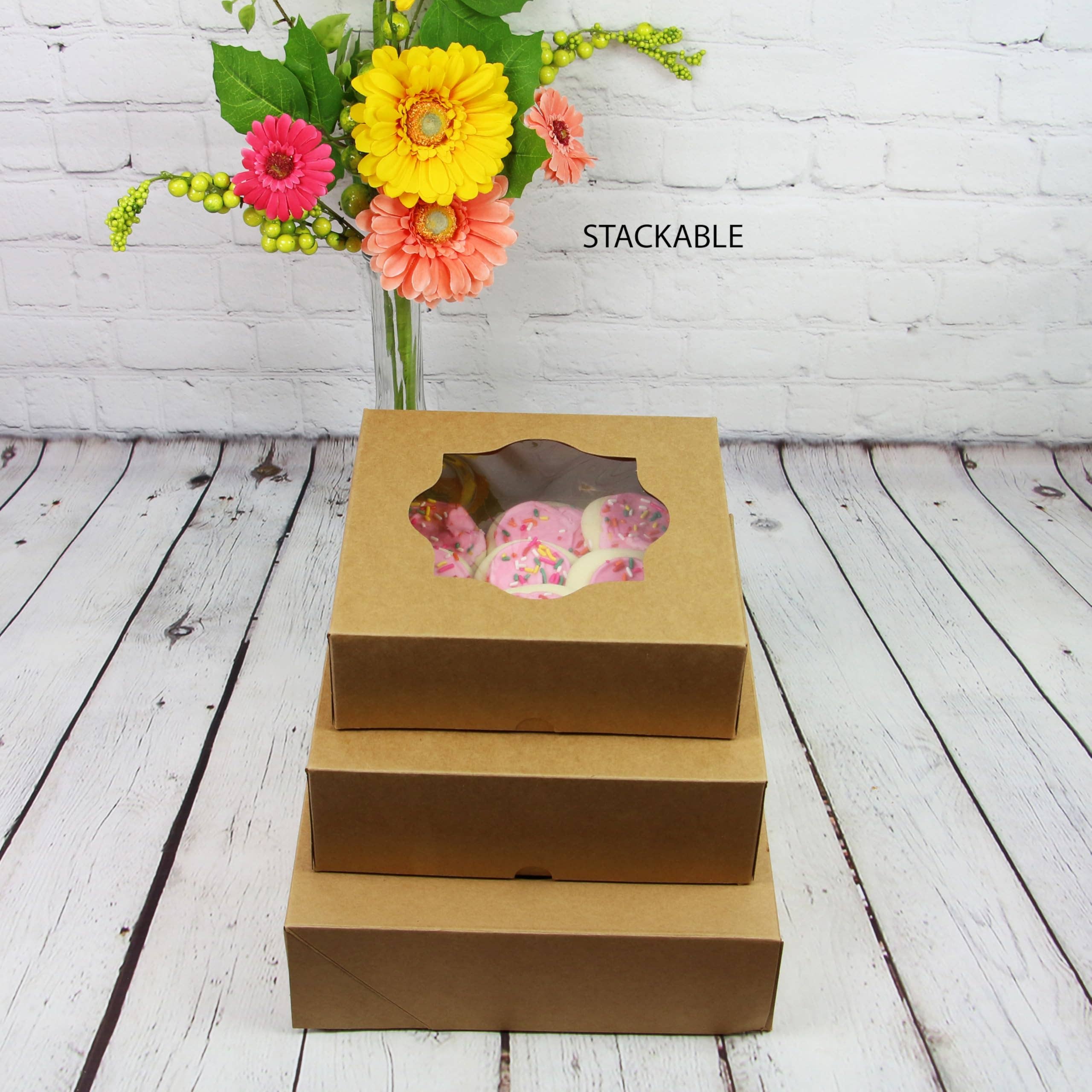 Global Sugar Art – wholesale Gift box – Kraft Pastry Boxes with Windows, Natural Brown, Auto Popup, Sturdy2