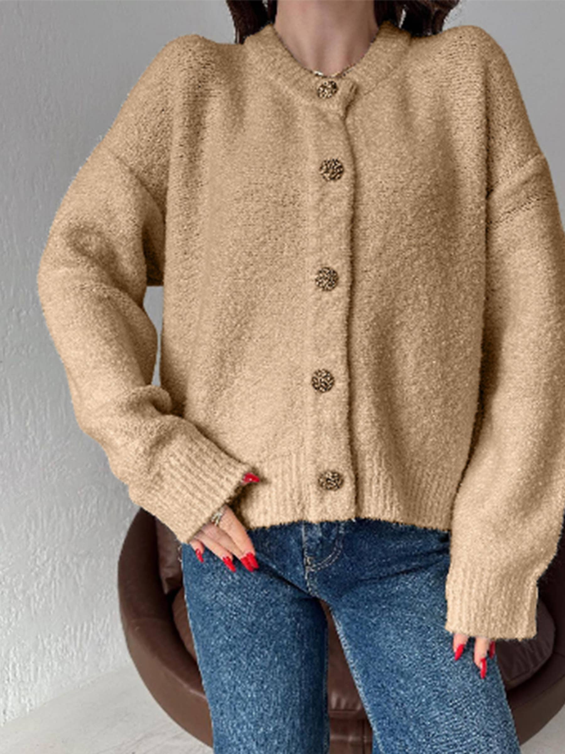 Wholesalesir - Wholesale Cardigan - Women's - Round Neck Button Up Cardigan Sweater Jacket2