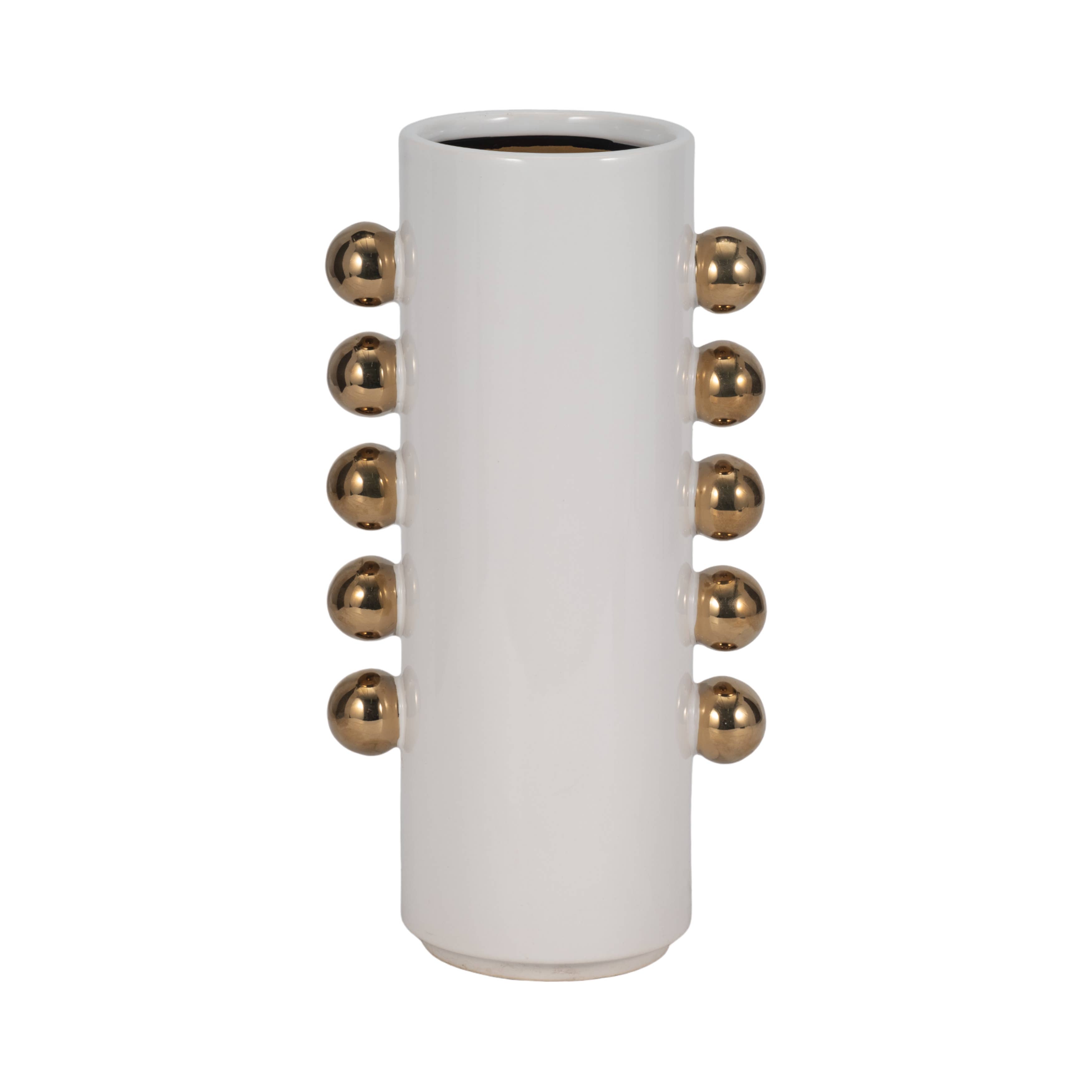Sagebrook Home - Wholesale Vase - Vase - White/Gold Ceramic Cylinder with Side Knobs, 13 in.3
