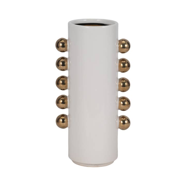 Sagebrook Home - Wholesale Vase - Vase - White/Gold Ceramic Cylinder with Side Knobs, 13 in.3