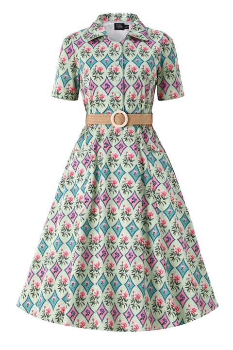 Penelope II Quartrefoil Mint Green Shirt Dress for wholesale by Dolly & Dotty