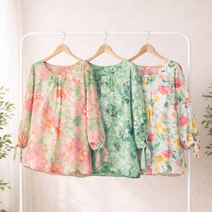 PLUS SIZE SOFT BLOOM FLORAL TIE SLEEVE BLOUSE for wholesale by Winslow Collection