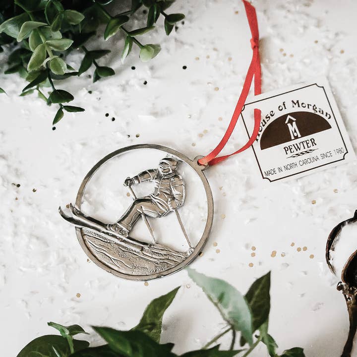 House of Morgan Pewter - Wholesale Ornament - Handmade Athlete Christmas Ornament - Snow Skiing Skier