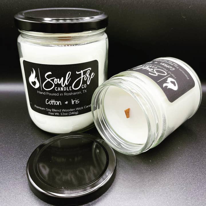 Cotton & Iris Wooden Wick Candle for wholesale by Soul Fire Candle Company