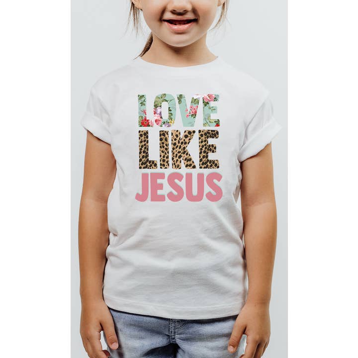 Floral Leopard Love Like Jesus Kids Graphic Tee for wholesale by Kids By Kissed Apparel