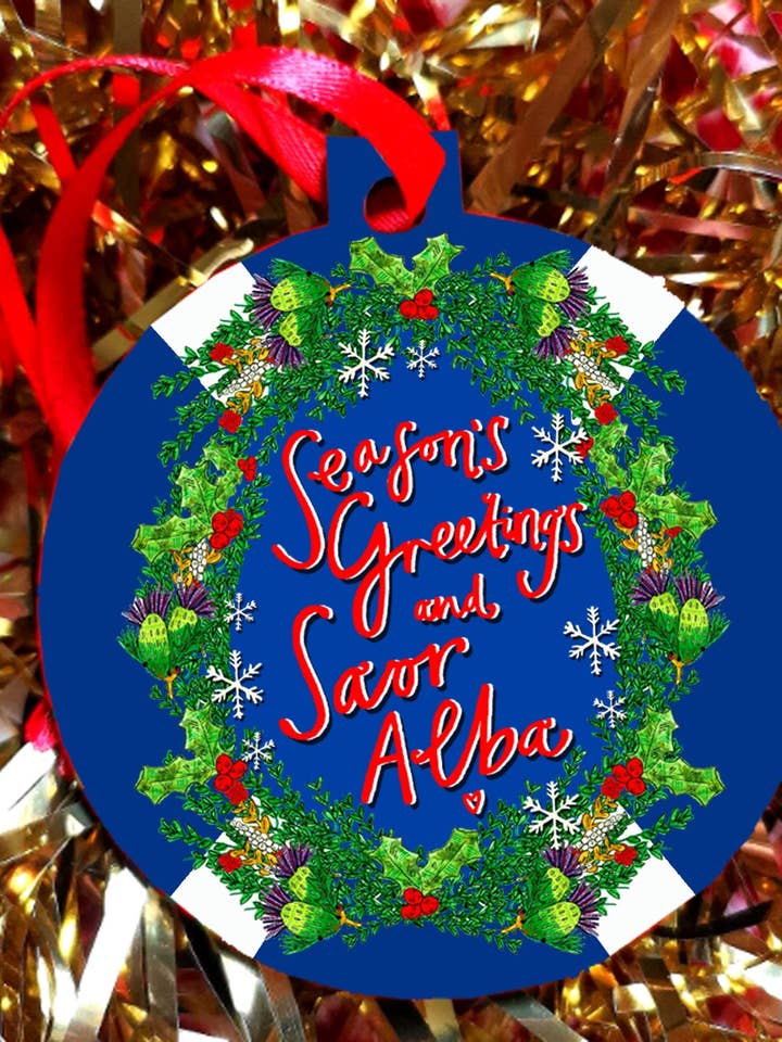 Seasons Greetings and Saor Alba! Christmas Decoration for wholesale by Claire Barclay Draws