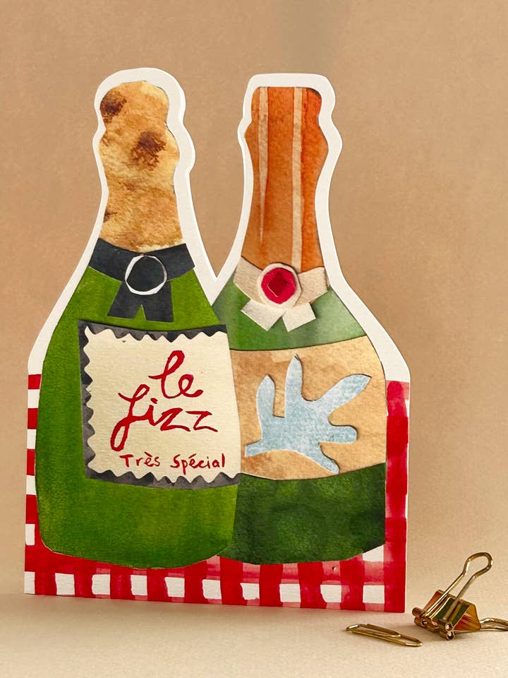BLANK DIECUT CHAMPAGNE BOTTLE GREETING CARD POET & PAINTER for wholesale by Notes & Queries, Inc.