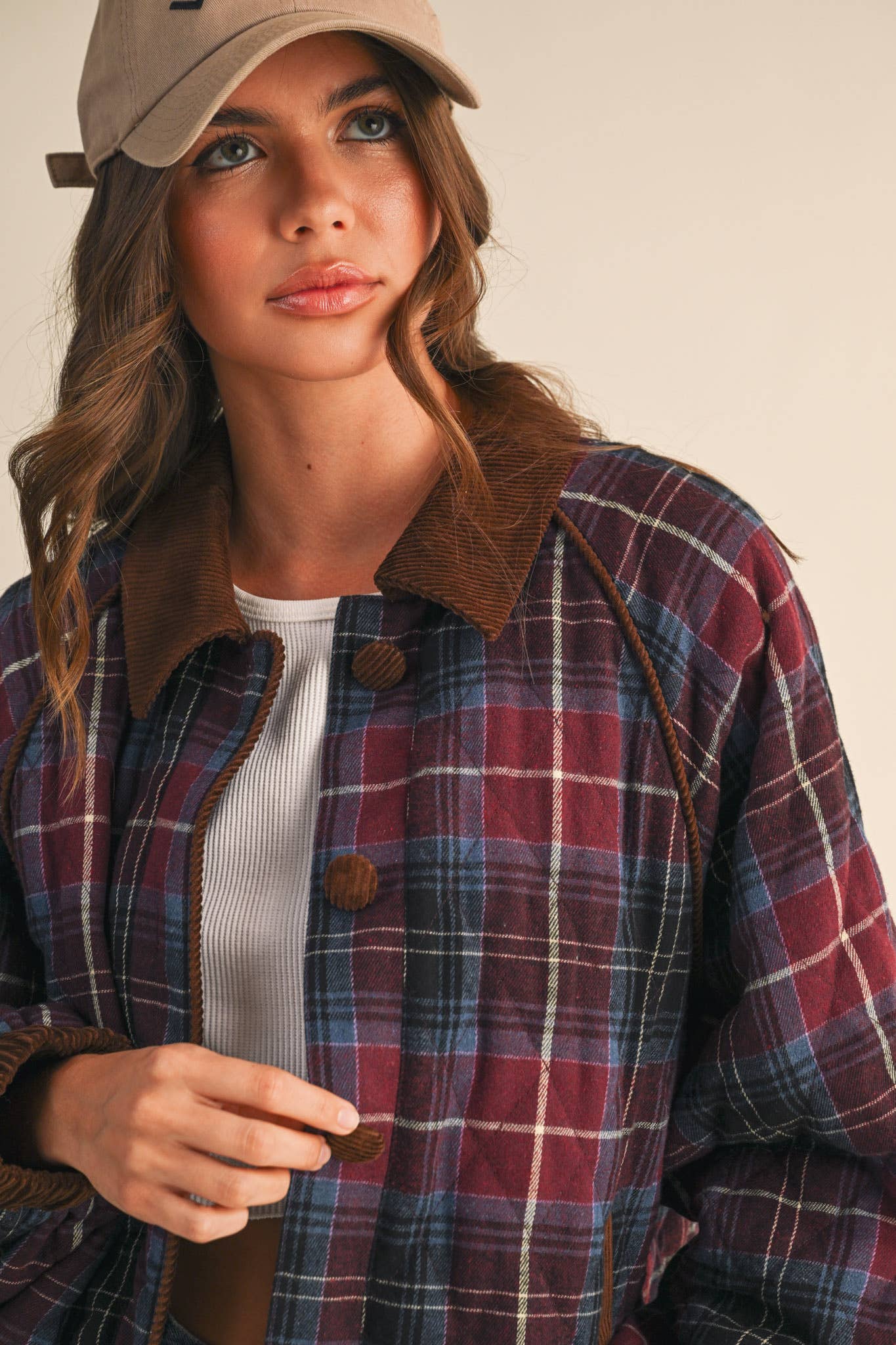 &MERCI - Wholesale Jacket - Women's - PLAID QUILTED JACKET WITH CONTRAST CORDUROY DETAIL MJK411534