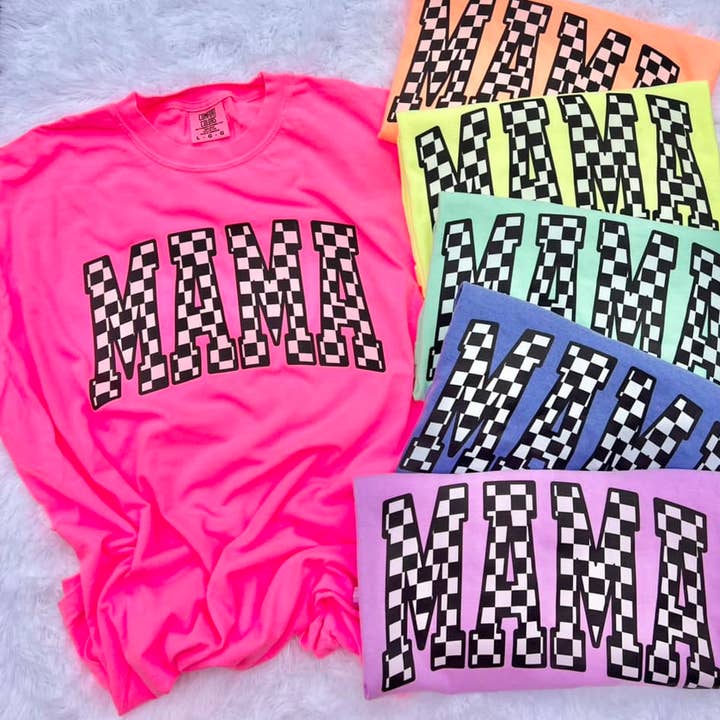 Checkered Mama Neon Tee for wholesale by Southern Backroad Tees LLC