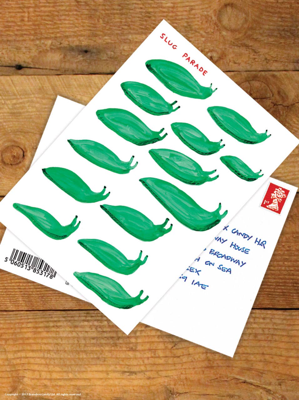David Shrigley x Brainbox Candy - Wholesale Postcard - Funny A6 Art Postcard By David Shrigley - Slug Parade1