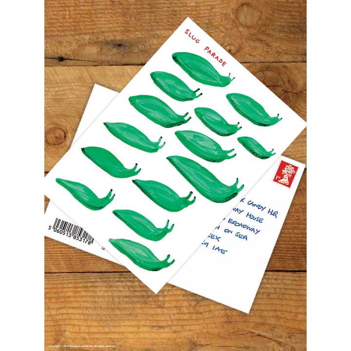David Shrigley x Brainbox Candy - Wholesale Postcard - Funny A6 Art Postcard By David Shrigley - Slug Parade1