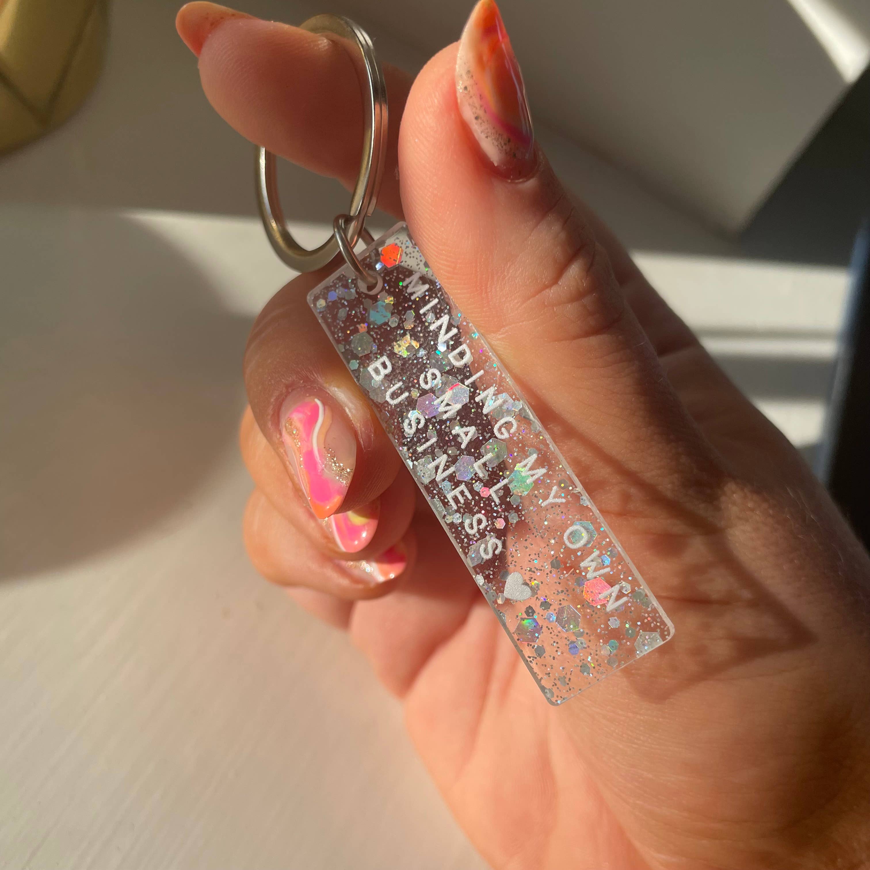 Dolly’s Doodles – wholesale Keychain – Women's – Minding My Own Small Business Holographic Glitter Keyring1